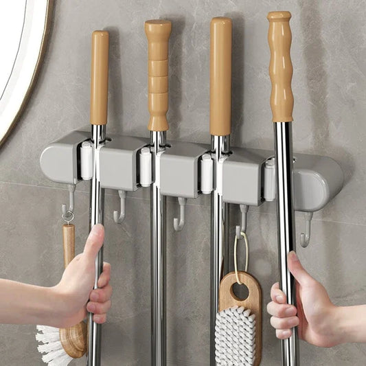 5 Slot & 6 Hook Wall Mounted Holder For Mop & Broom